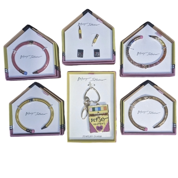 Betsey Johnson Jewelry - Betsey Johnson Back To School Jewelry 6pc Lot; Bag Charm, Bracelets & Earrings